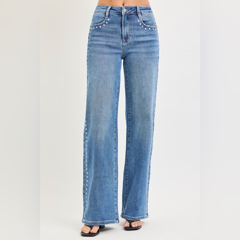 Studded Wide Leg High Rise Jeans - Risen - Picture 6 of 7